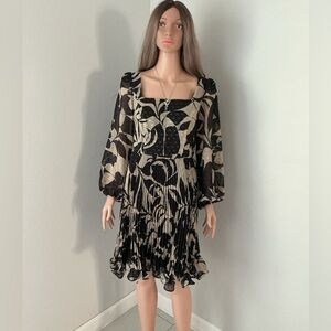 Taylor Petite Printed Clip-Dot A-Line Dress, Sand black, SIZE 6